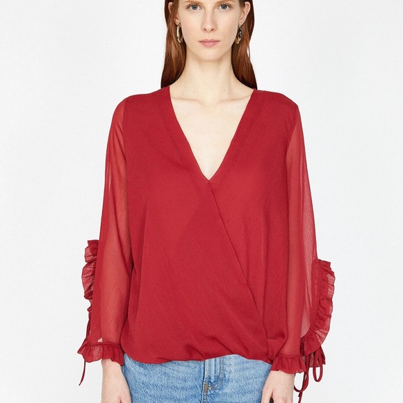 Zara Tops - Zara Basic Red Wrap Ruffled Sleeve Blouse Size Large